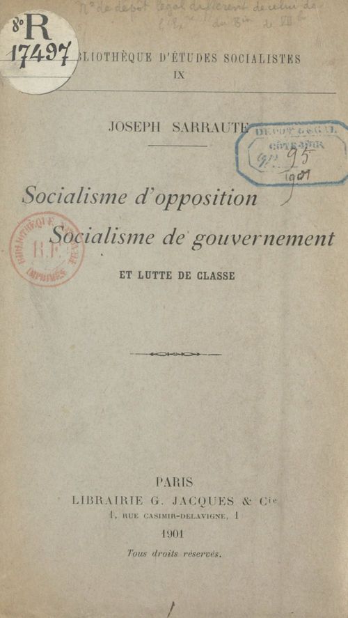 Couverture ebook de Socialisme d'opposition, socialisme de gouvernement et lutte de classe, de Joseph Sarraute