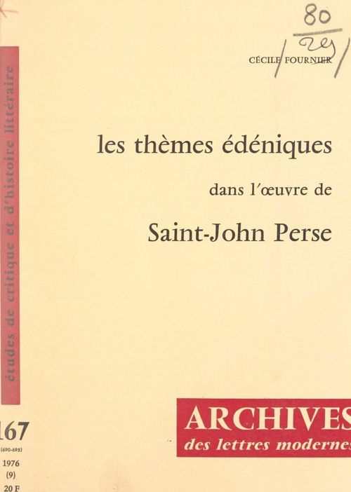Couverture ebook de Les thèmes édéniques dans l'oeuvre de Saint-John Perse, de Cécile Fournier