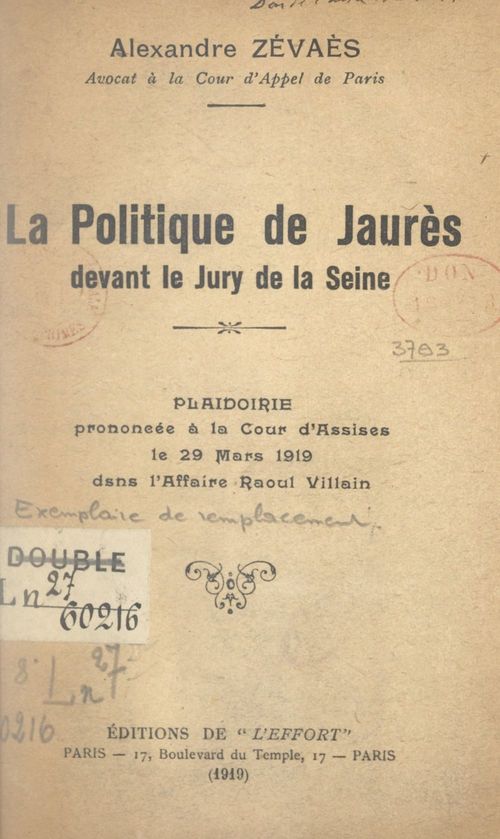 Couverture ebook de La politique de Jaurès devant le jury de la Seine, de Alexandre Zevaes