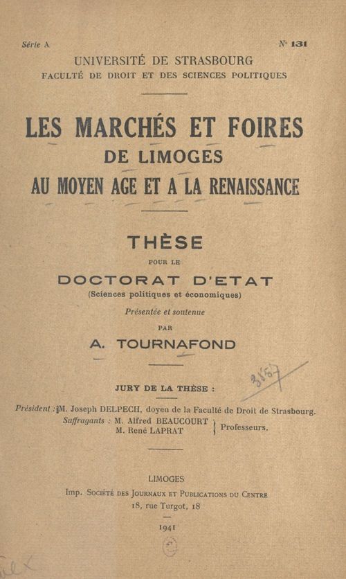 Couverture ebook de Les marchés et foires de Limoges au Moyen Âge et à la Renaissance, de Andre Tournafond