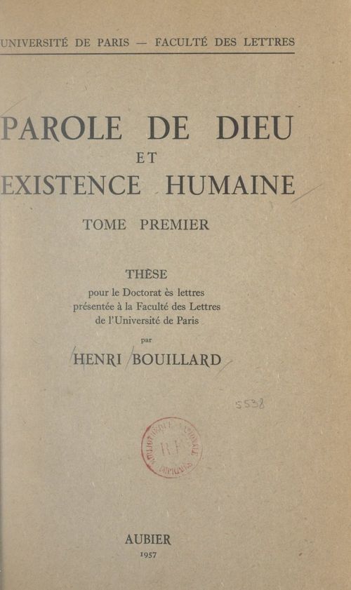 Couverture ebook de Parole de Dieu et existence humaine (1), de Henri Bouillard