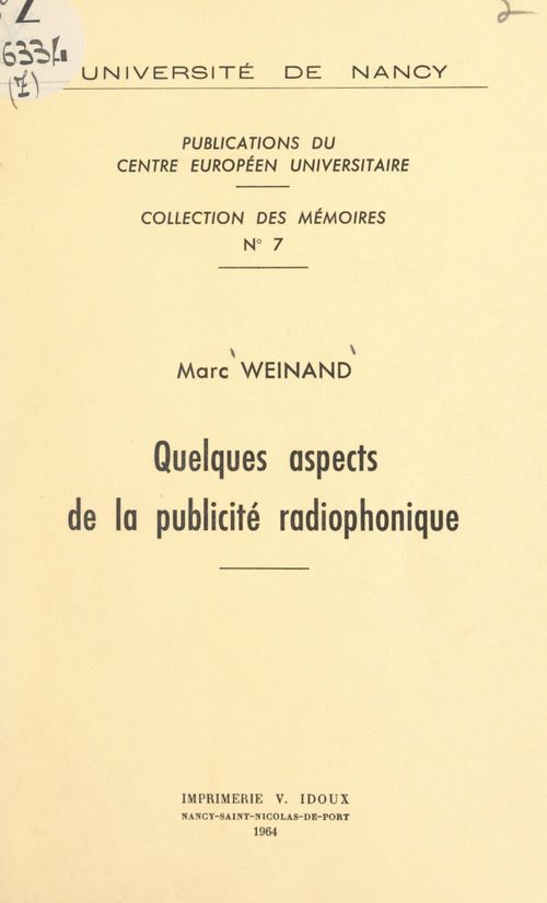 Couverture ebook de Quelques aspects de la publicité radiophonique, de Marc Weinand