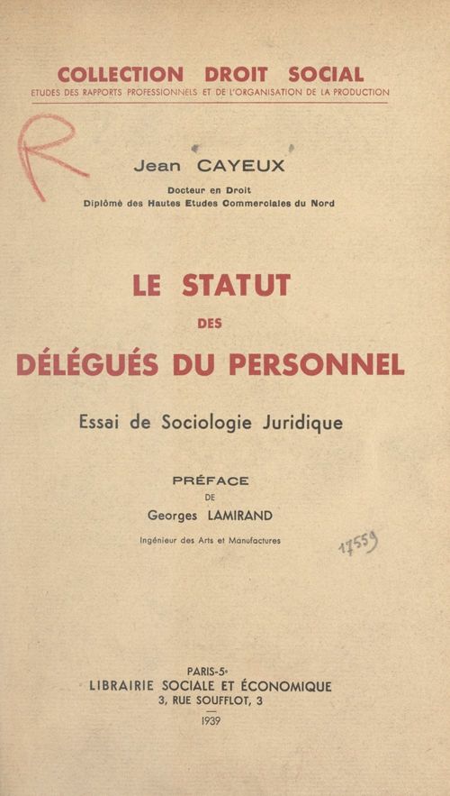 Couverture ebook de Le statut des délégués du personnel, de Jean Cayeux
