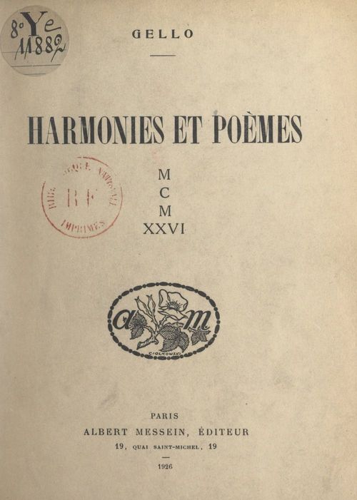 Couverture ebook de Harmonies et poèmes : MCMXXVI, de Gello