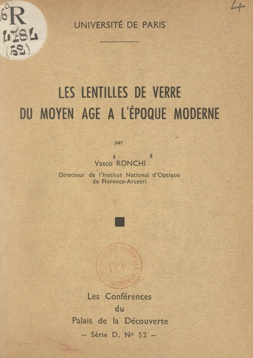 Couverture ebook de Les lentilles de verre du Moyen Âge à l'époque moderne, de Vasco Ronchi