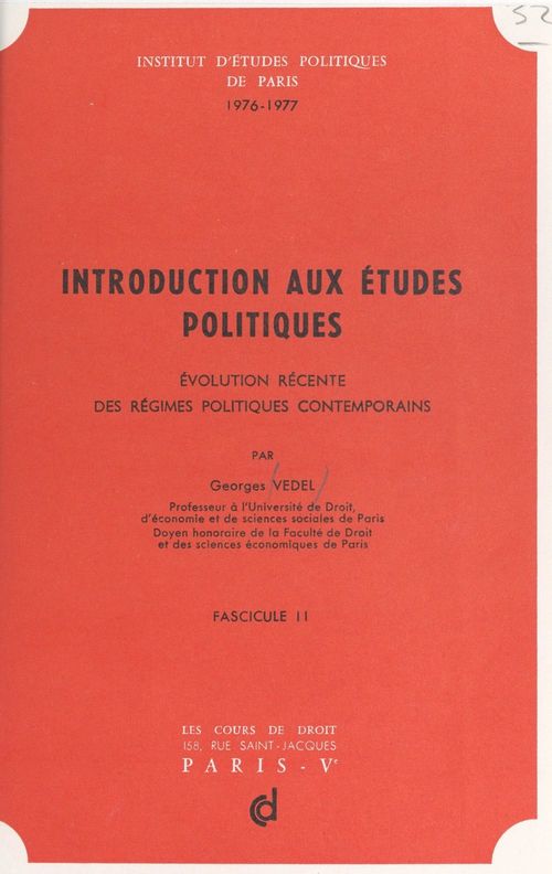 ebook cover of Introduction aux études politiques : évolution récente des régimes politiques contemporains (2), by Georges Vedel