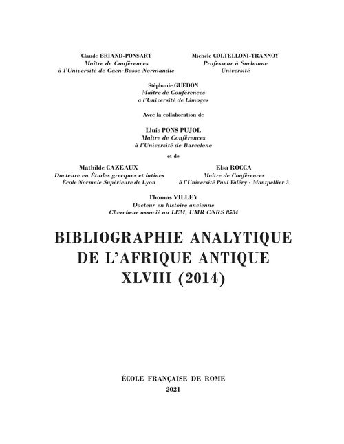 Couverture ebook de Bibliographie analytique de l´Afrique antique XLVIII (2014), de