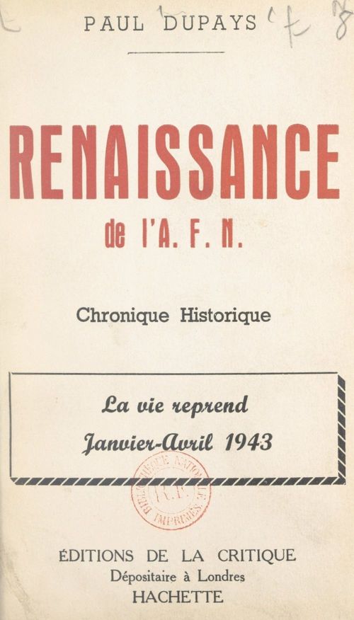 Couverture ebook de Renaissance de l'A.F.N., de Paul Dupays