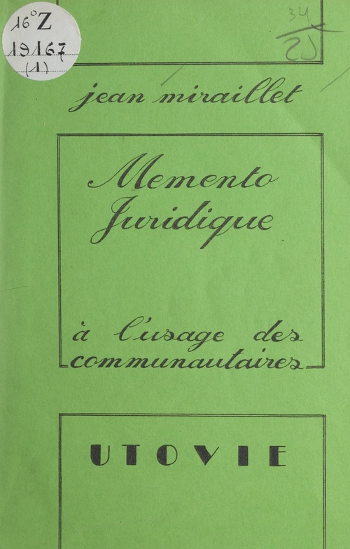 Couverture ebook de Mémento juridique à l'usage des communautaires, de Jean Miraillet