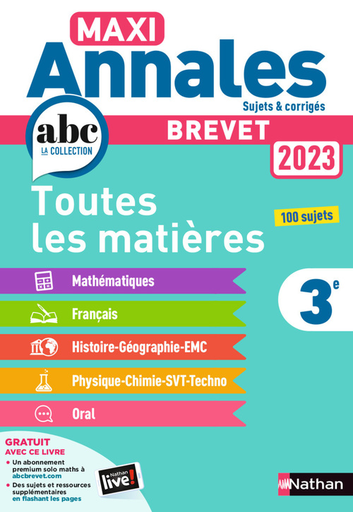 Couverture ebook de Maxi-Annales ABC du Brevet 2023 - Toutes les matières 3e : Maths - Français - Histoire-Géographie EMC (Enseignement Moral et Civique) - Physique-Chimie - SVT - Technologie - Oral - EPUB, de Thomas Bouhours