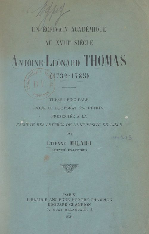 Couverture ebook de Un écrivain académique au XVIIIe siècle, Antoine Léonard Thomas (1732-1785), de Etienne Micard