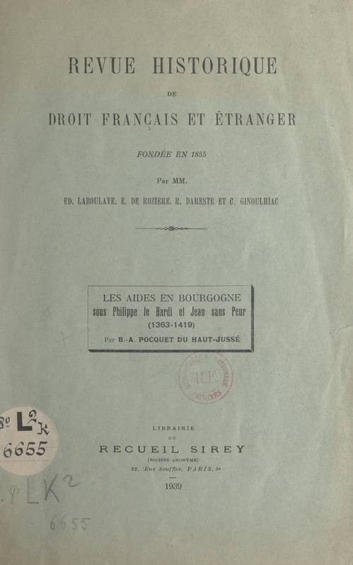 Couverture ebook de Les aides en Bourgogne sous Philippe le Hardi et Jean sans Peur (1363-1419), de Barthelemy Amedee Pocquet Du Haut-Jusse