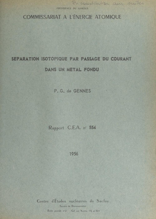 Couverture ebook de Séparation isotopique par passage du courant dans un métal fondu, de Pierre-Gilles De Gennes