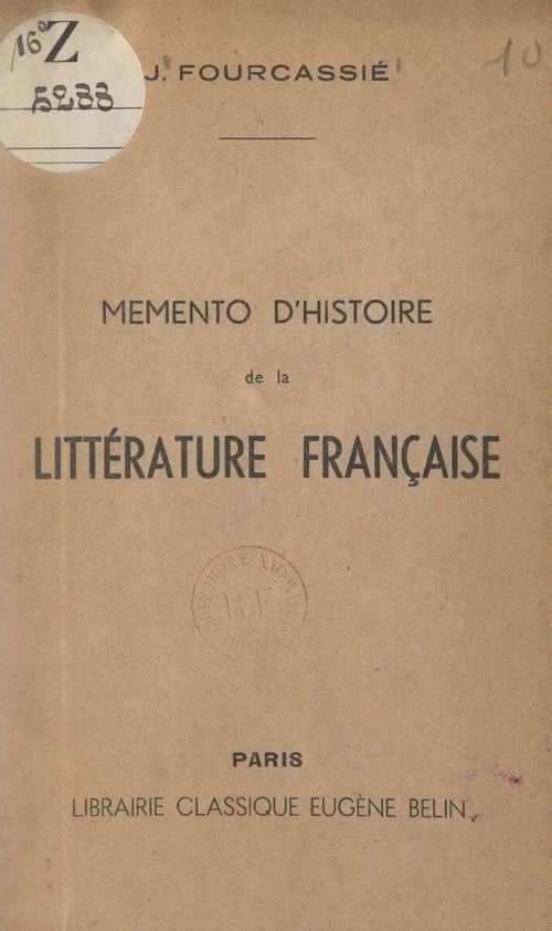 Couverture ebook de Mémento d'histoire de la littérature française, de Jean Fourcassie