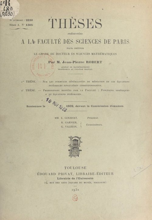 Couverture ebook de Sur les formules généralisées de médiation et les équations intégrales singulières correspondantes, de Jean-Pierre Robert