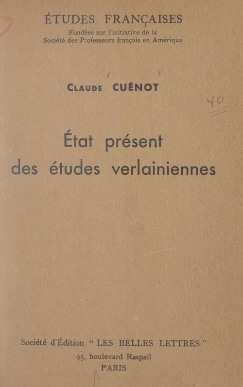 ebook cover of État présent des études verlainiennes, by Claude Cuenot