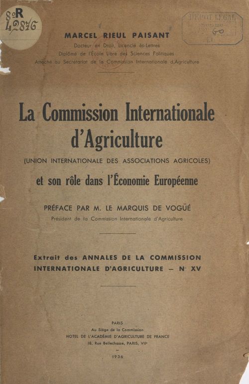 Couverture ebook de La Commission internationale d'agriculture (Union internationale des associations agricoles), de Marcel Rieul Paisant