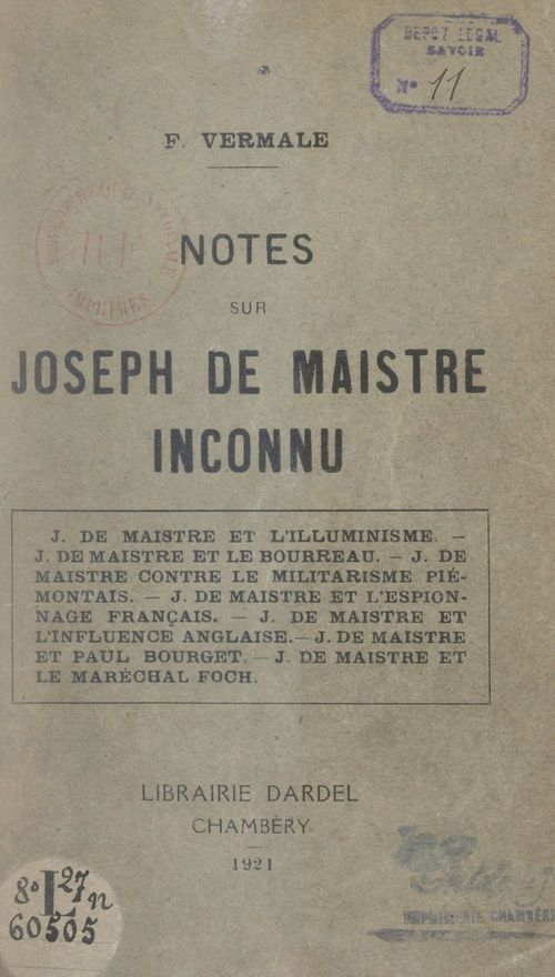 Couverture ebook de Notes sur Joseph de Maistre inconnu, de Francois Vermale