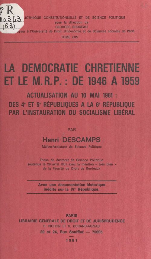 ebook cover of La Démocratie chrétienne et le M.R.P. de 1946 à 1959, by Olivier Descamps