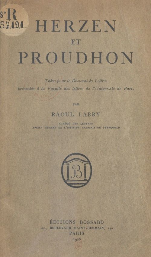 Couverture ebook de Herzen et Proudhon, de Raoul Labry