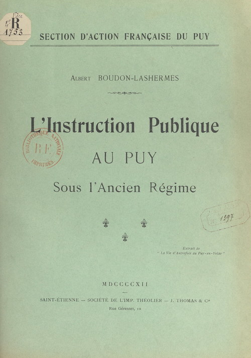 ebook cover of L'instruction publique au Puy sous l'Ancien Régime, by Albert Boudon-Lashermes