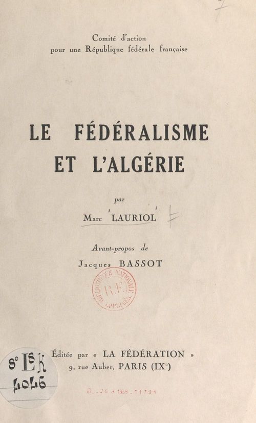 Couverture ebook de Le fédéralisme et l'Algérie, de Marc Lauriol