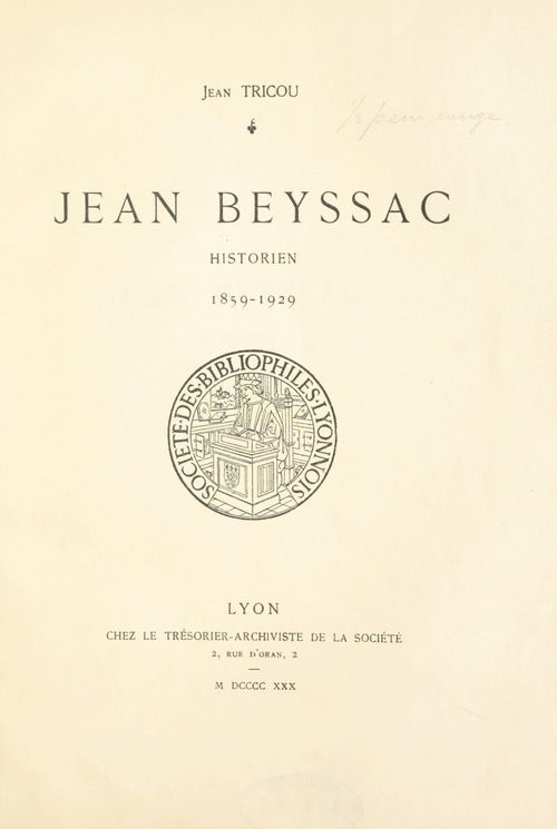 ebook cover of Jean Beyssac, historien, 1859-1929, by Jean Tricou