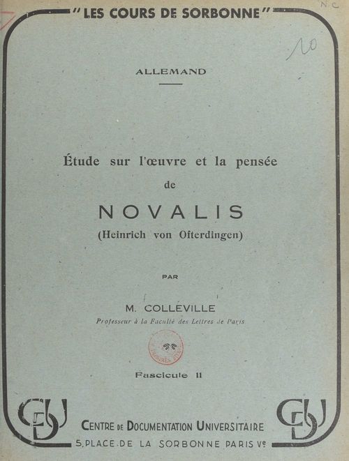 Couverture ebook de Étude sur l'oeuvre et la pensée de Novalis (Heinrich von Ofterdingen) (2), de Maurice Colleville