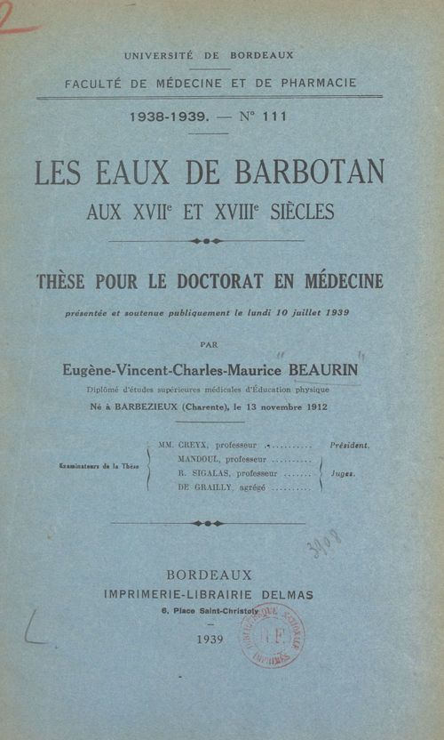 ebook cover of Les eaux de Barbotan aux XVIIe et XVIIIe siècles, by Eugene-Vincent-Charles-Maurice Beaurin
