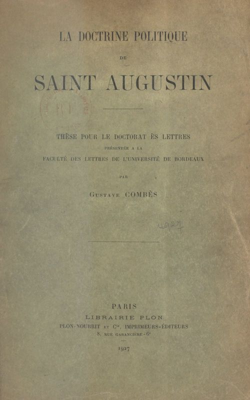 ebook cover of La doctrine politique de Saint Augustin, by Gustave Combes