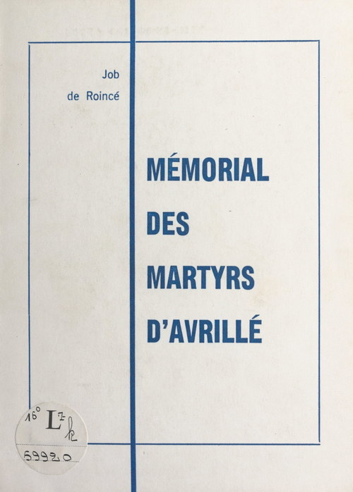 Couverture ebook de Mémorial des martyrs d'Avrillé, de Job De Roince
