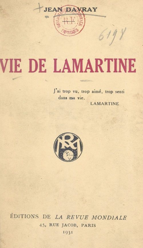 Couverture ebook de Vie de Lamartine, de Jean Davray