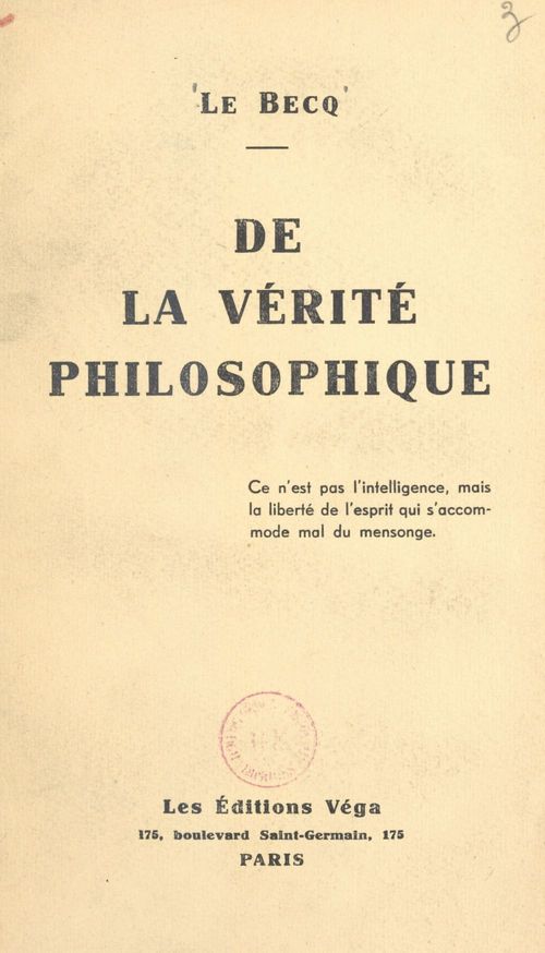 Couverture ebook de De la vérité philosophique, de Paul Le Becq