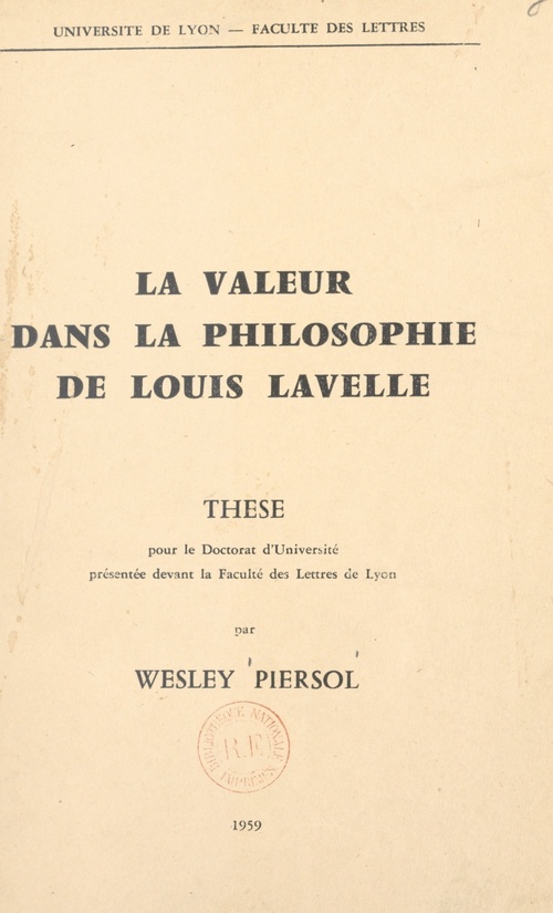 Couverture ebook de La valeur dans la philosophie de Louis Lavelle, de Wesley Piersol