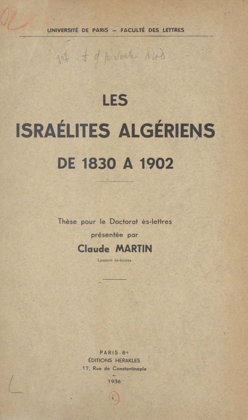 Couverture ebook de Les israélites algériens de 1830 à 1902, de Claude Martin