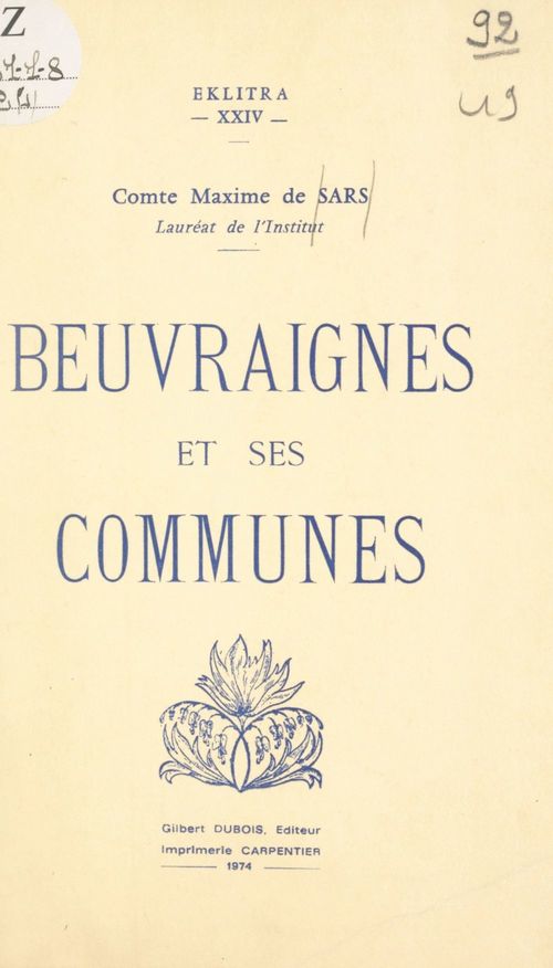 Couverture ebook de Beuvraignes et ses communes, de Maxime De Sars