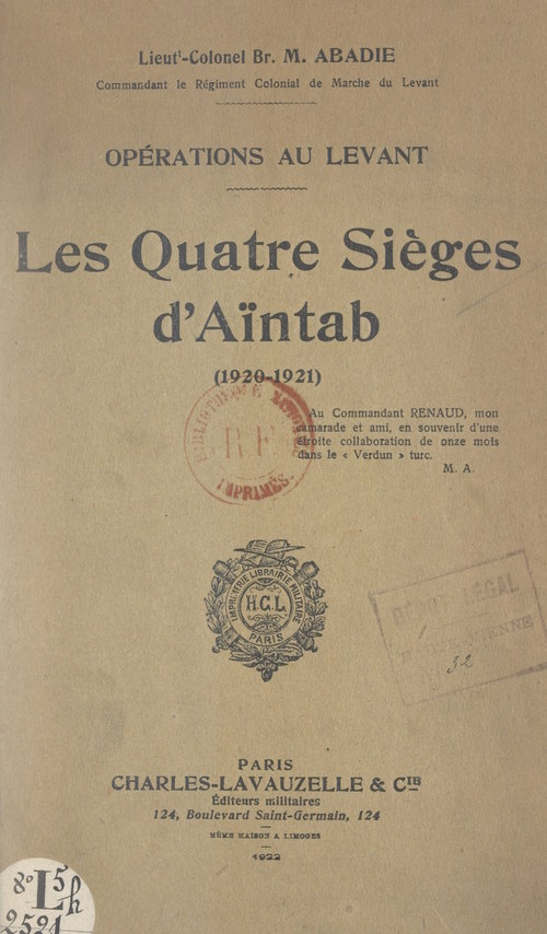 Couverture ebook de Opérations au Levant : les quatre sièges d'Aïntab (1920-1921), de Maurice Abadie