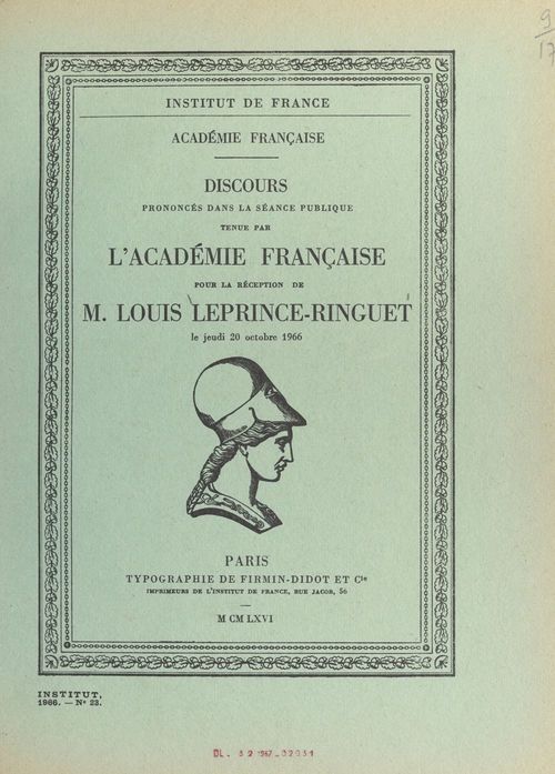 ebook cover of Discours pour la réception de M. Louis Leprince-Ringuet, le jeudi 20 octobre 1966, by Louis De Broglie, Louis Leprince-Ringuet