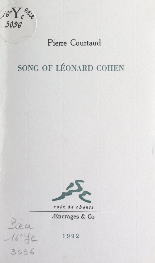 Couverture ebook de Song of Léonard Cohen, de Pierre Courtaud