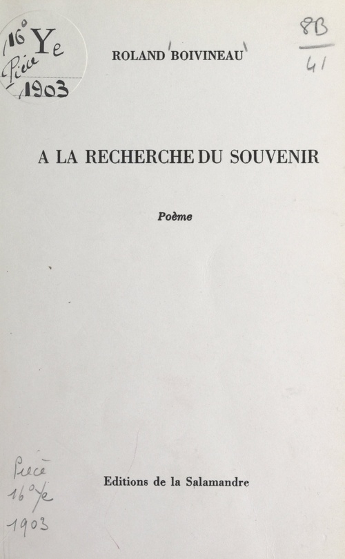 ebook cover of À la recherche du souvenir, by Roland Boivineau