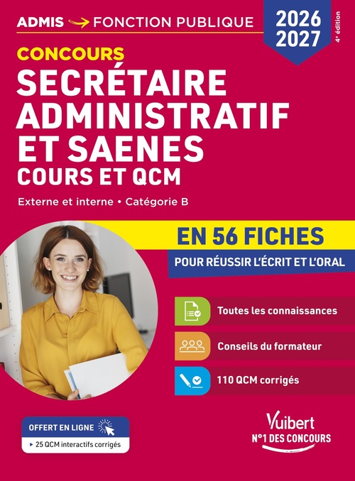ebook cover of Concours Secrétaire administratif et SAENES en 56 fiches 2026-2027 - Cours et QCM, by René Guimet