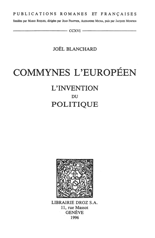 ebook cover of Commynes l'Européen : l'invention du politique, by Joël Blanchard