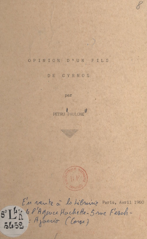 Couverture ebook de Opinion d'un fils de Cyrnos, de Petru Paulone