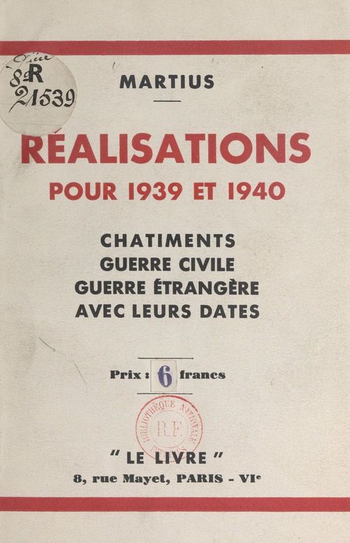 Couverture ebook de Réalisations pour 1939 et 1940, de Martius