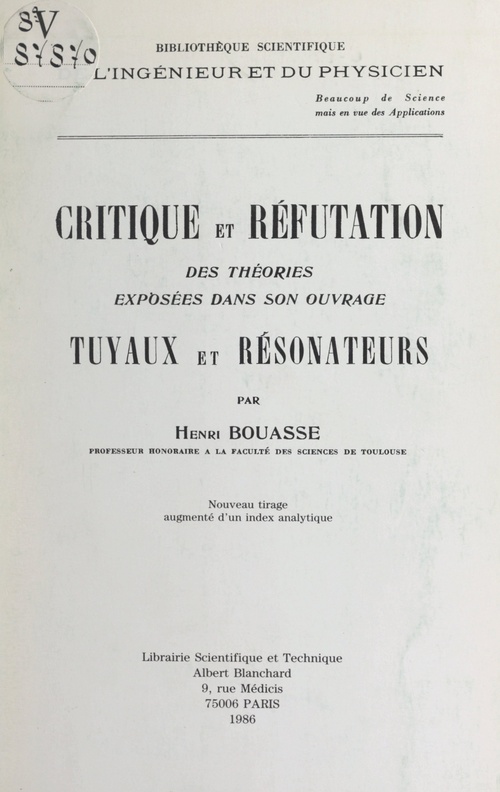 Couverture ebook de Critique et réfutation des théories exposées dans son ouvrage "Tuyaux et résonateurs", de Henri Bouasse