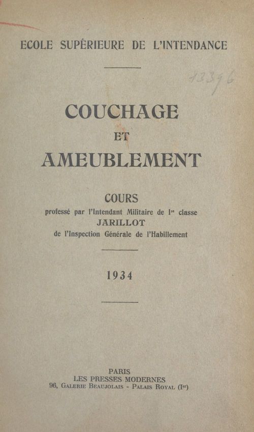 Couverture ebook de Couchage et ameublement, de Ecole Superieure De L'Intendance
