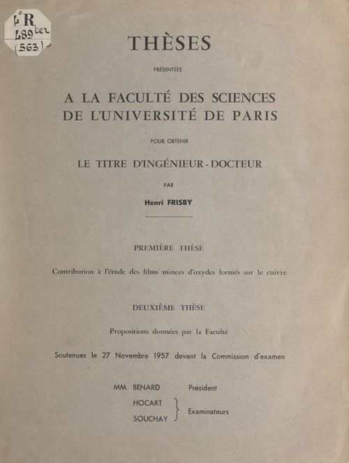 ebook cover of Contribution à l'étude des films minces d'oxydes formés sur le cuivre, by Henri Frisby