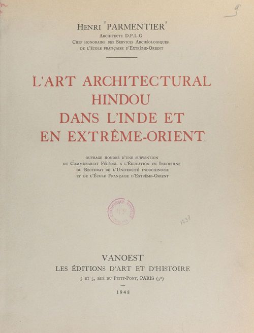 Couverture ebook de L'art architectural hindou dans l'Inde et en Extrême-Orient, de Henri Parmentier