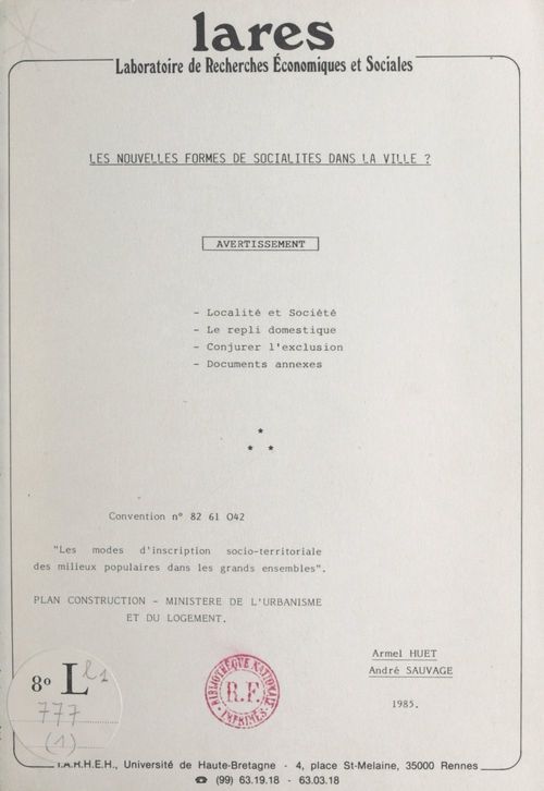 ebook cover of Les nouvelles formes de socialités dans la ville ?, by Andre Sauvage, Armel Huet