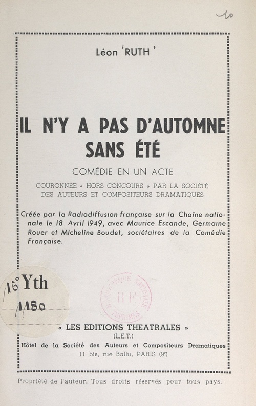 Couverture ebook de Il n'y a pas d'automne sans été, de Leon Ruth